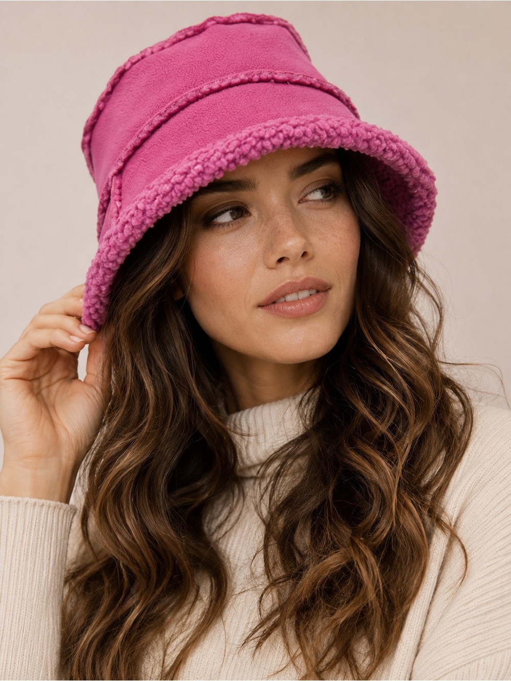 Lands’ End Pink Sherpa Fleece Bucket Hat Cozy Winter Faux Shearling Hat Size M